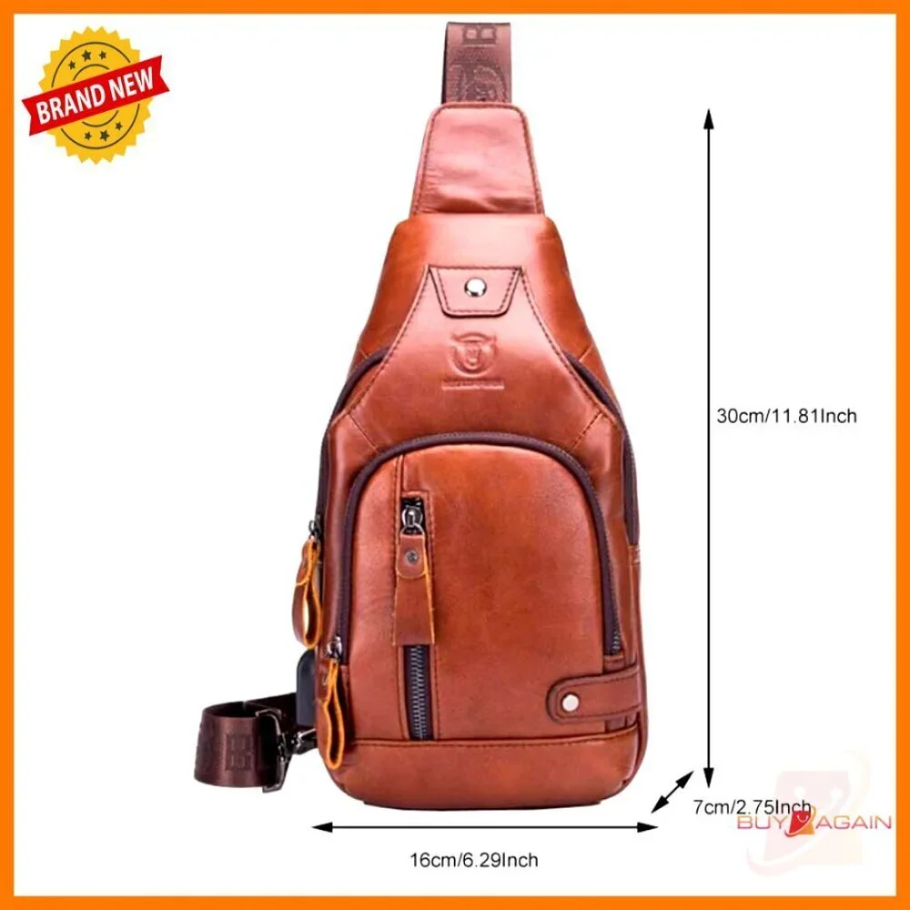 Genuine Leather Sling Backpack Daypack with USB Port for Outdoor Travel
